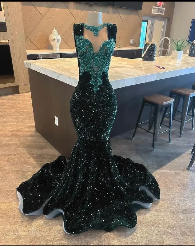 minimalistic dressGreen African American Prom Dresses Mermaid Sheer Sequins Beaded Crystals Black Girls Nigeria Robe De Soiree Evening Dress Gown