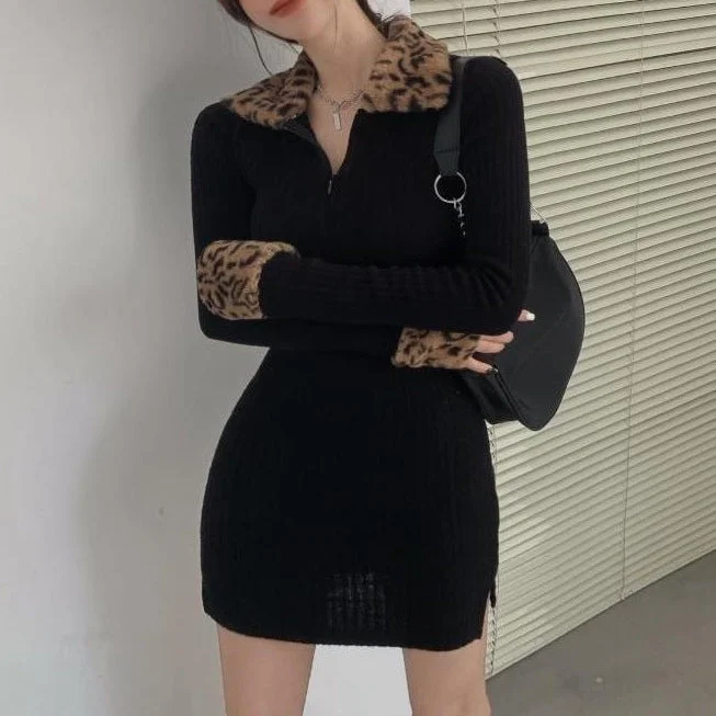 cocktail party dressNew Leopard Print Long Sleeve Padded Dress Women