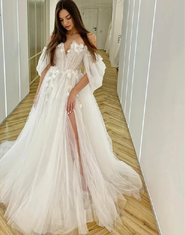 boho-chic dressWedding Dresses Fairy Sweetheart Neck Boho Bride Dresses 3D Flowers Puff Sleeve Elegant Wedding Gowns suknia ślubna Bridal Gown