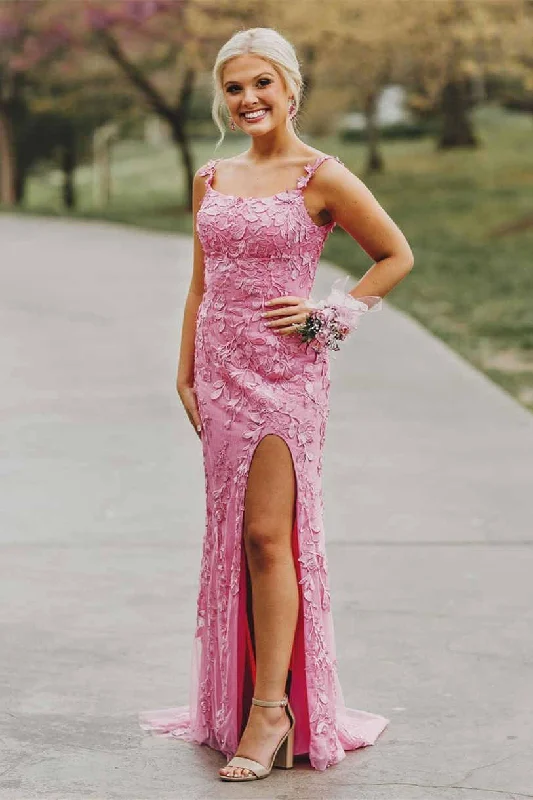 long-sleeve floral dressElegant  Fuchsia Appliqued Prom Dress with Side Slit