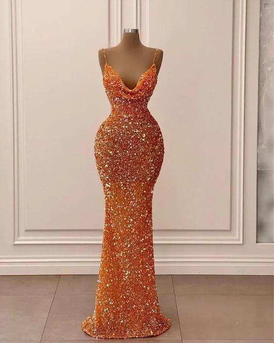 winter dressSpaghetti Straps Sparkly Evening Dress Orange Glitter Mermaid Prom Dress Y6105