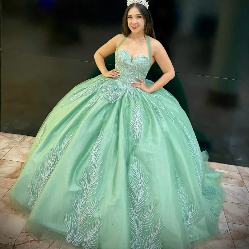 backless dressGreen Shiny Sweetheart Quinceanera Dress Off The Shoulder Ball Gown Lace Beads Corset Sweet 15 Vestidos De XV Años