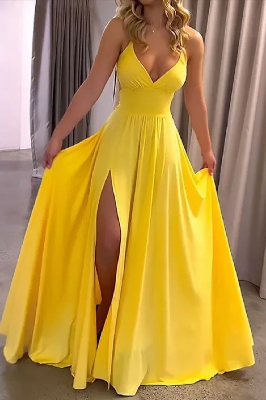 chic slip dressFashion Ladies Summer Yellow V Neck Lace Up Slits Elegant Prom Dress Y7084