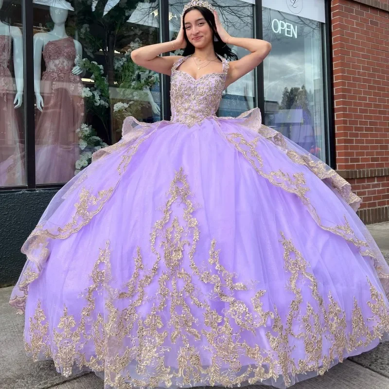 office dressLavender Sweetheart Princess Quinceanera Dresses Ball Gown Gold Lace Appliques Beading Sweet 16 Prom Dress Vestidos De 15 Años