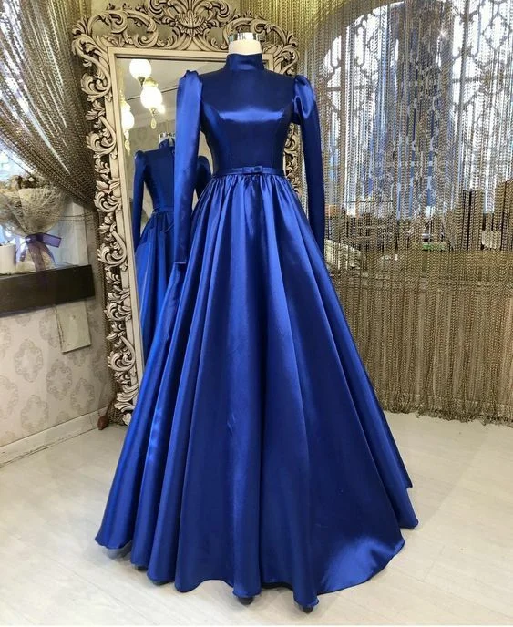 boho dressHigh Neck Prom Dress,Royal Blue Prom Dresses, Satin Prom Dresses Y6966