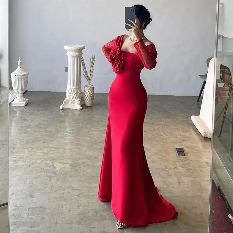 t-shirt dressElegant Red Evening Dresses Off the Shoulder Long Sleeves Handmade Flowers Mermaid Sweep Train Party Gowns for Women