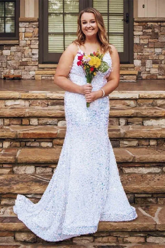 classic fit-and-flare dressMermaid White Sequins Long Prom Dress