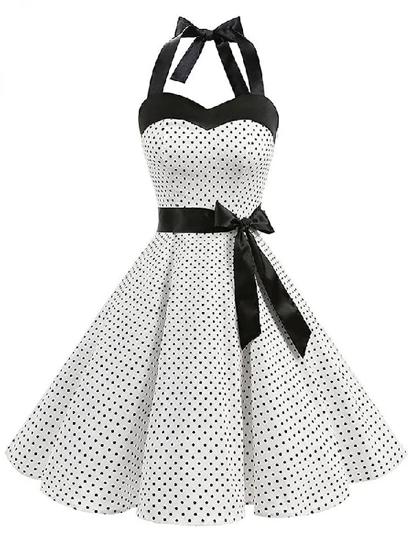 midi dressBerriesJam - 2024 Polka Dot Print Retro Halter Pin Up Rockabilly Party Dress