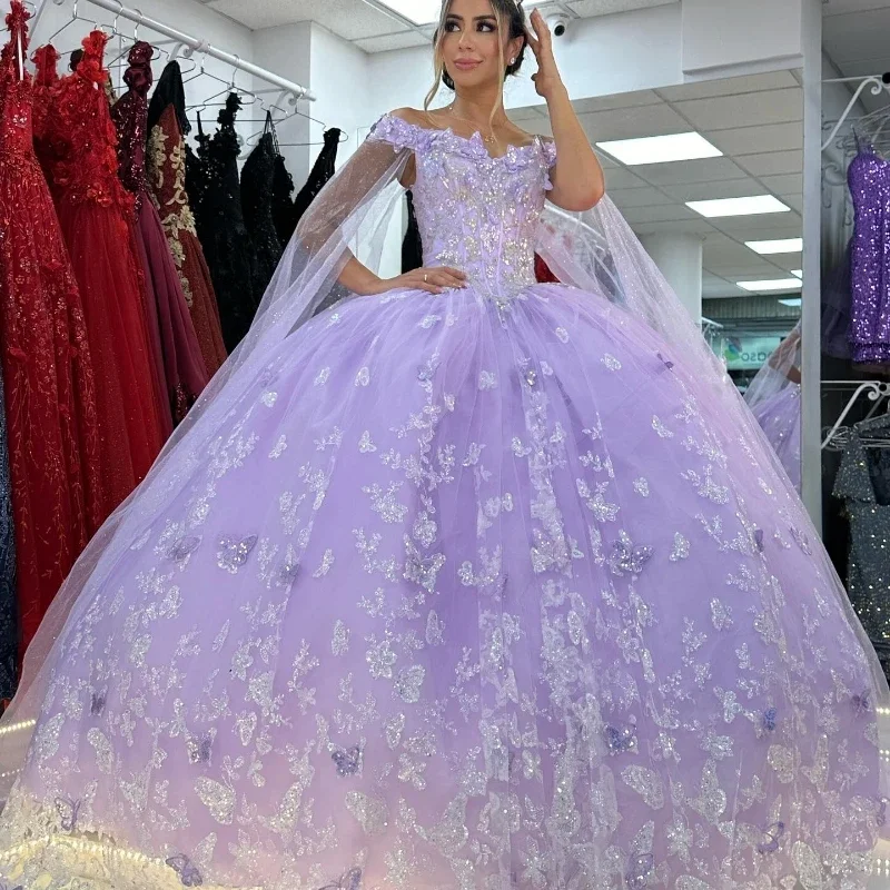 chic dressLavender Shiny Off Shoulder Quinceanera Dresses Lace Bow Beads Tull With Cape Corset Prom Party Gown 16 Vestidos De XV Anos