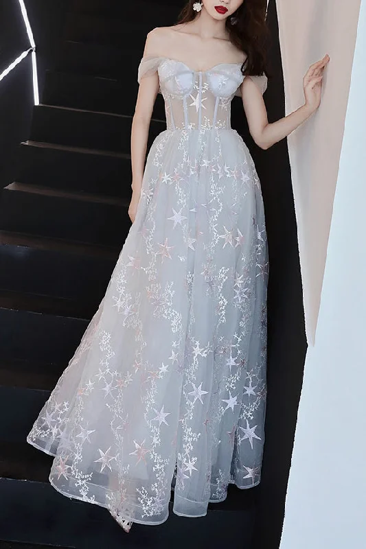 oversized dressElegant Off Shoulder A-Line White Long Prom Dress with Stars