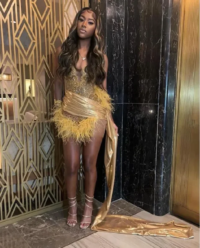 structured dressLuxury Glitter Gold Homecoming Party Dress 2024 Train Black Girl Birthday Party Celebrity Dress Vestidos Para Mujer