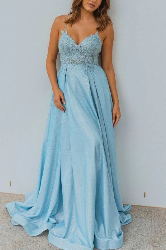 mini dressLight Blue A-line Straps Long Formal Dress