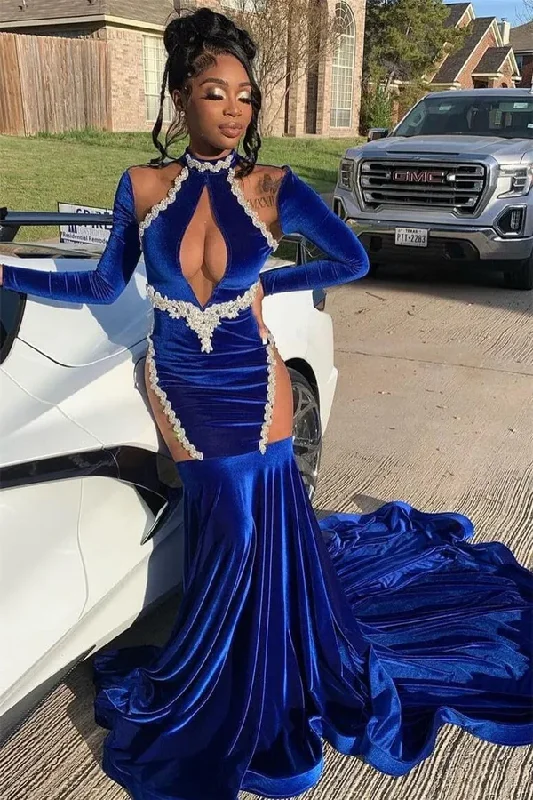 off-the-shoulder dressRoyal Blue High Neck Long Sleeves Black Girl Mermaid Prom Dress