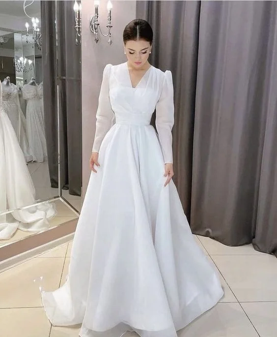 formal dressModest White A-line Long Sleeves Wedding Dress,White Bridal Dress  Y6719