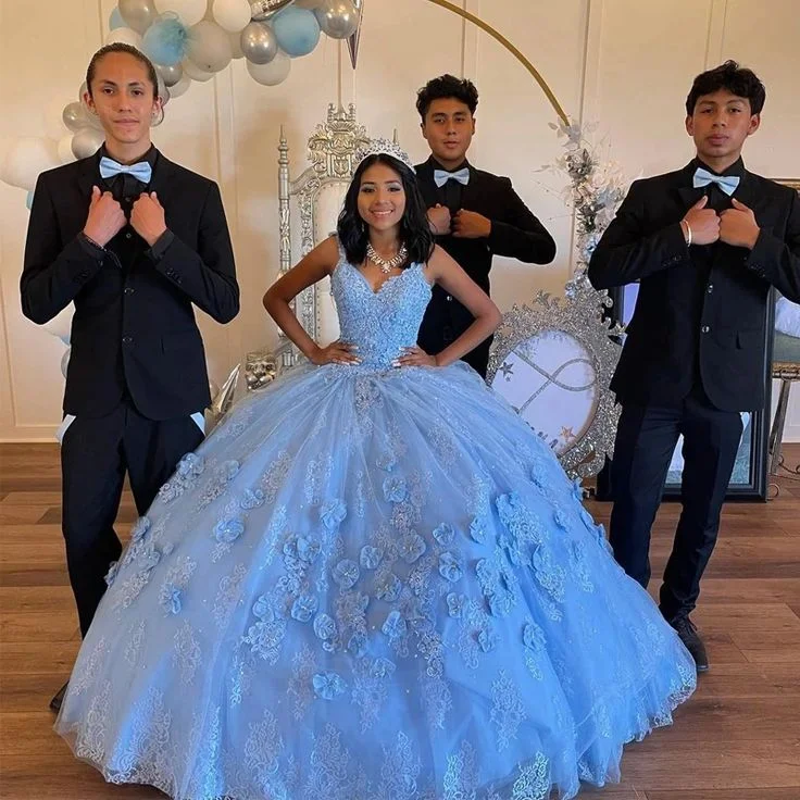 ruched dressLight Sky Blue Quinceanera Off Shoulder Tulle 3D Floral Formal Birthday Luxury Dress 15th Ball Gown Y6958