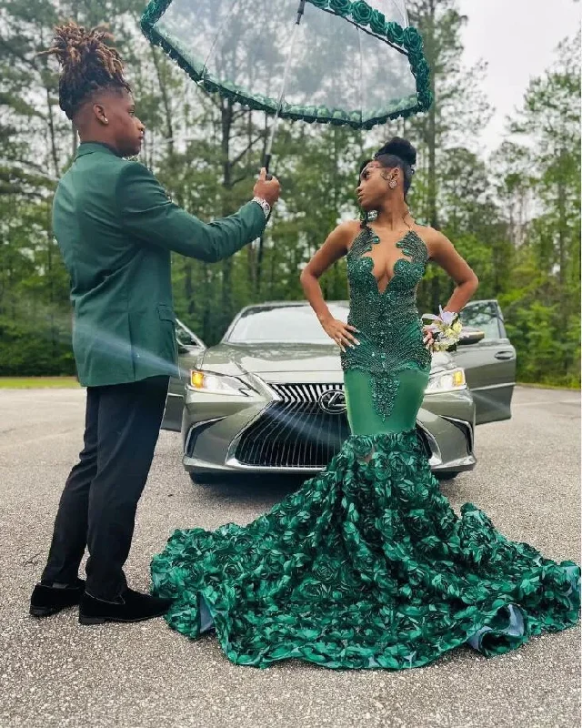 chic dressHunter Green Rose Long Prom Dresses For Black Girls 2024 Luxury Crystal Beaded African Birthday Queen Gown vestidos de noche