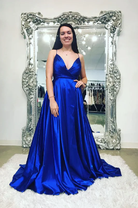 long-sleeve floral dressV Neck Royal Blue Long Prom Dress with Straps