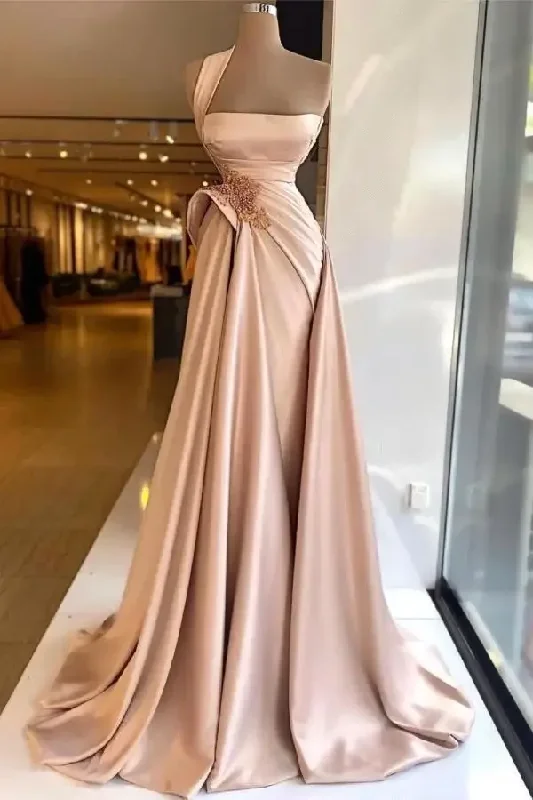 casual evening dressElegant One Shoulder Satin Mermaid Evening Dresses Beaded Ruched High Split Sweep Train Formal Party Prom Gowns