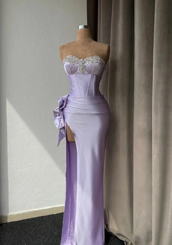 off-shoulder dressLight Purple Prom Dress With Rhinstone High Slit Gown Sleeveless