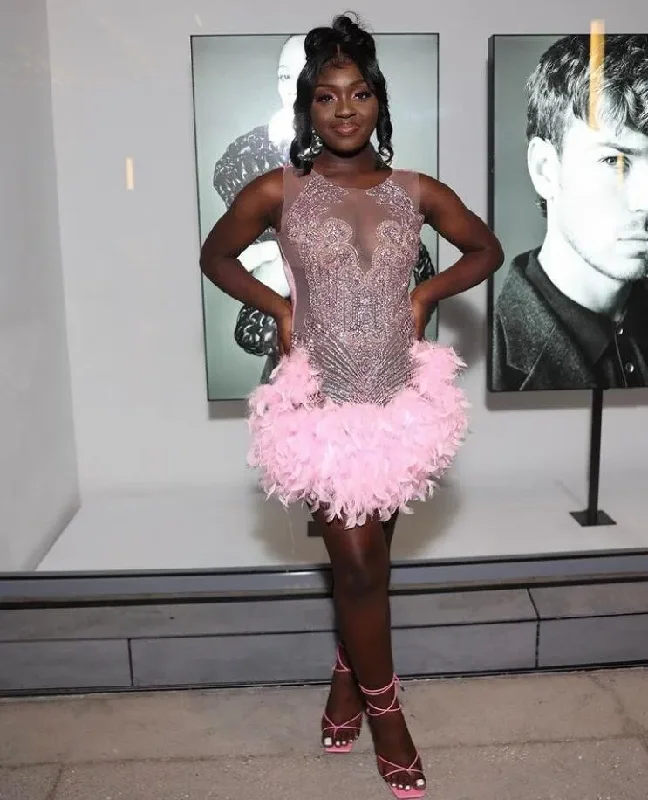 high-waisted dressPink Short Prom Homecoming Dress for Black Girl Sparkly Crystal Feather Sheer Mesh Birthday Celebrity Gown kleider damen