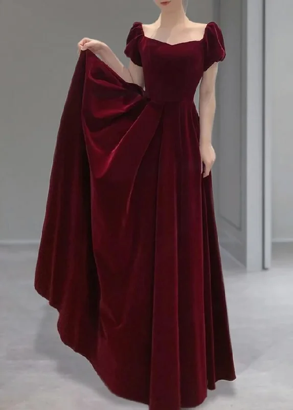 midi dressElegant A Line Burgundy Velvet Long Prom Dress Y6967