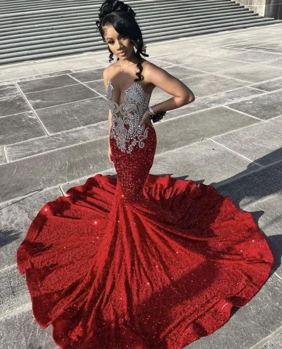 sophisticated dressSparkly Red Sequins Mermaid Prom Dress For Black Girls