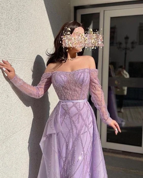 shift dressLilac Off-The-Shoulder Long Sleeves Tulle Prom Dress Mermaid With Beads Y6716