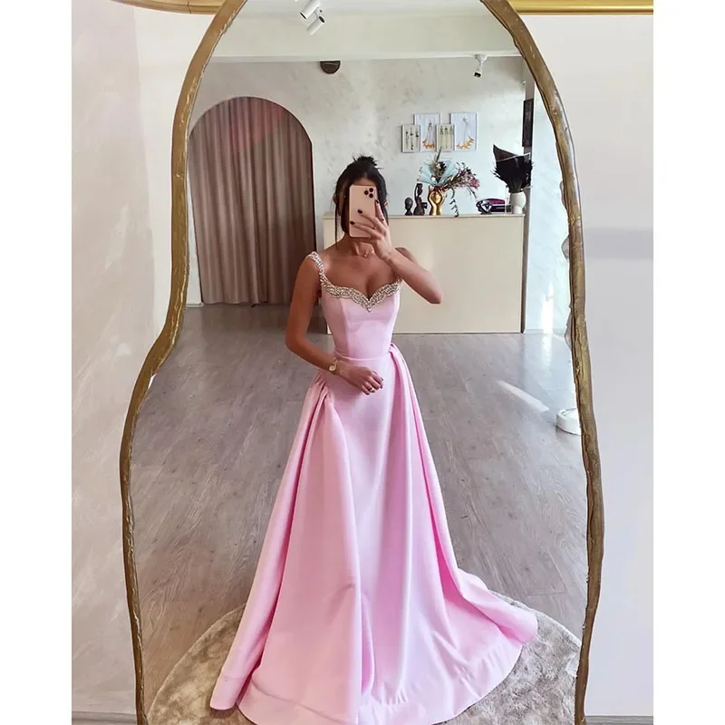 ruffle dressStunning Pink A Line Prom Dress Beaded Straps Formal Evening Dresses Elegant Sweep Train Dresses for Special Occasions