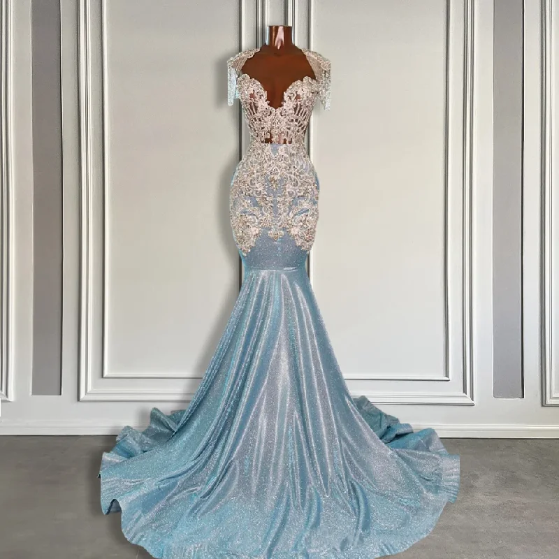 chic shift dressGlitter Sky Blue Mermaid Prom Dresses 2024 with Tassel Luxury Crystals Appliques Long Prom Party Gowns for Black Girls