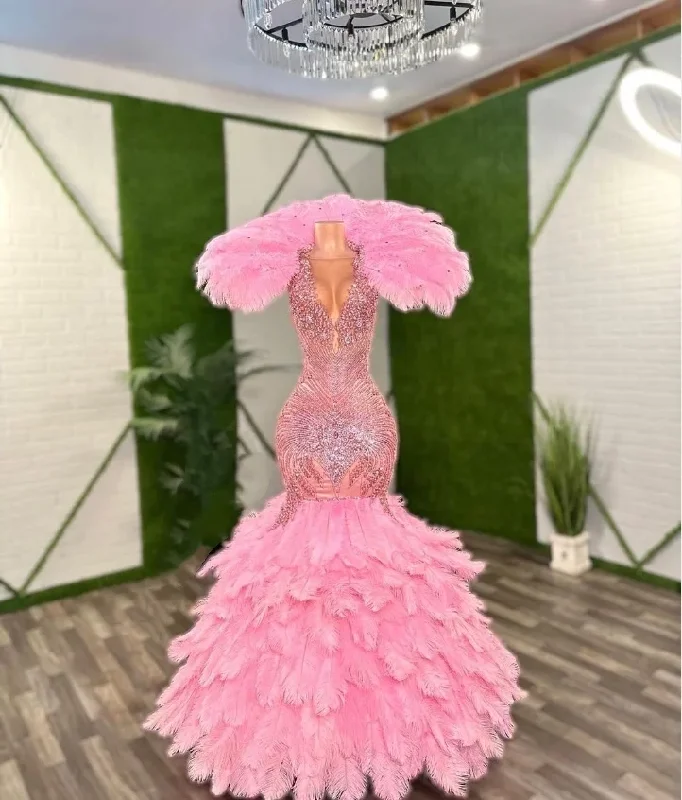 draped dressLuxury Peach Pink Prom Dress 2024 Sparkling See Through Diamante Beaded Applique Feather Mermaid Black Girl Vestidos De Gala