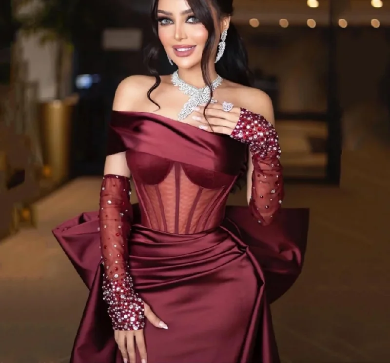 high-waisted dressGorgeous Mermaid فساتين السهرة Sexy Off Shoulder Satin Side Split Prom Dress Burgundy Fishtail Vestidos De Noche With Tail