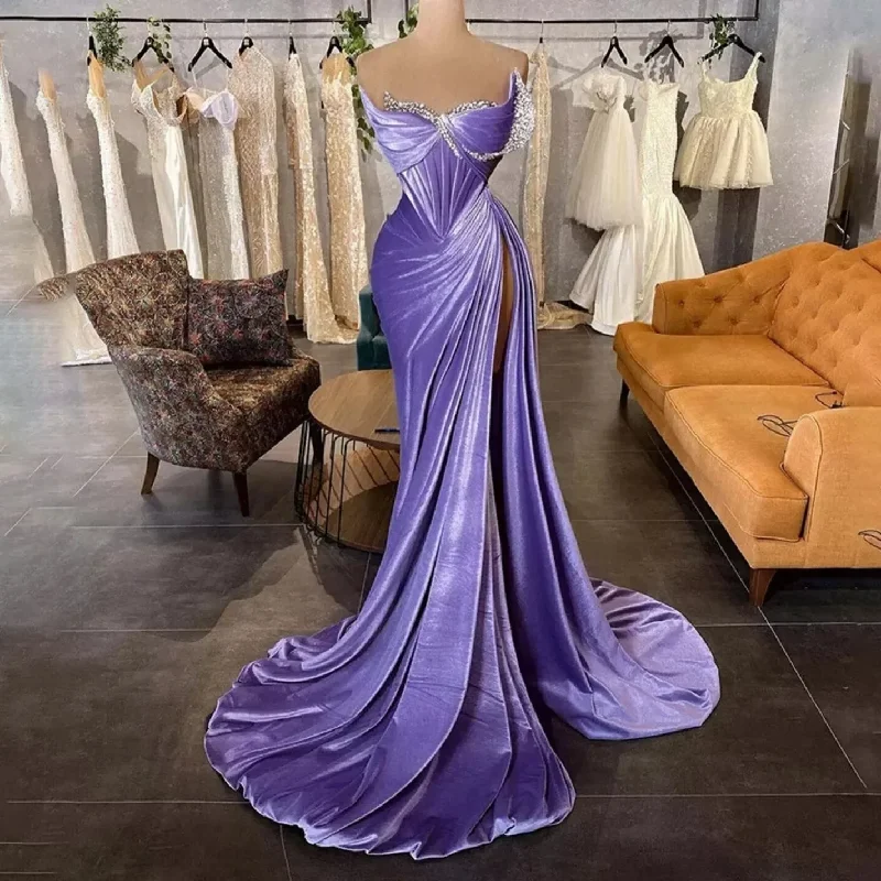 flowy dressLavender Elegant Velvet Prom Dresses Dubai Arabic Mermaid Women Party Gowns Pleated High Split Sexy Formal Evening Gowns 2024