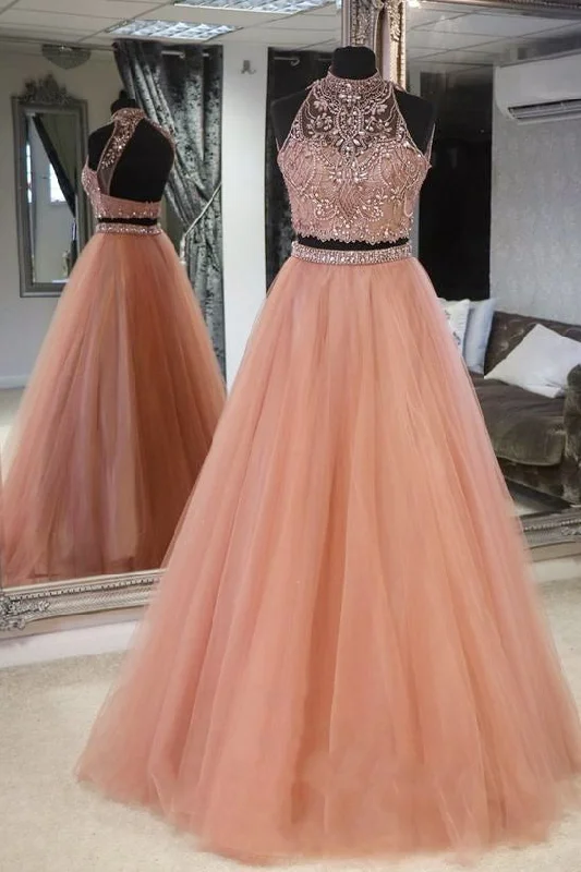 stylish dressElegant Halter Two Piece Beaded Peach Long Prom Dress