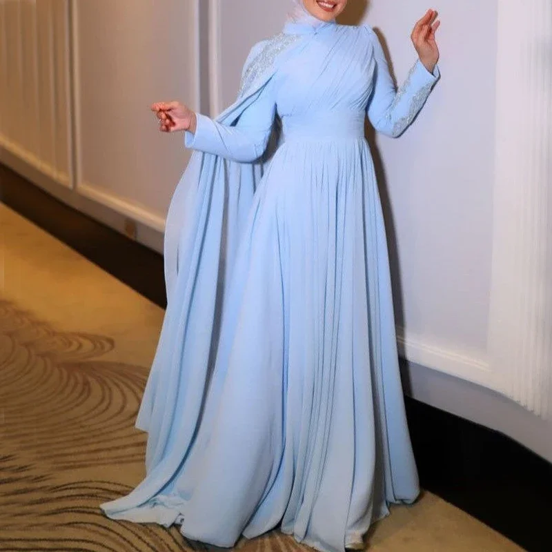 casual day dressLight Sky Blue Prom Dresses for Hijab Women High Neck Long Sleeve Cape A Line Floor Length Sequined Muslim Evening Party Gowns