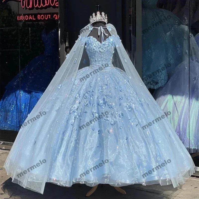 chic dressLight Blue 3D Flower Off Shoulder Quinceanera Dresses With Cape