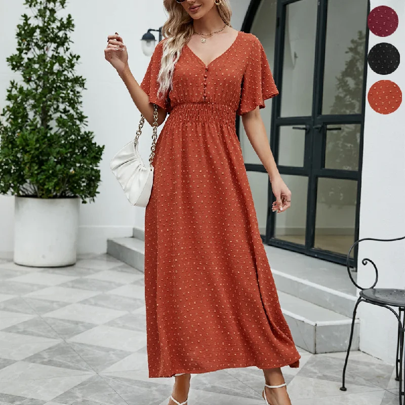 boho-chic dressWomen's V-neck Short Sleeve Large Swing Dress