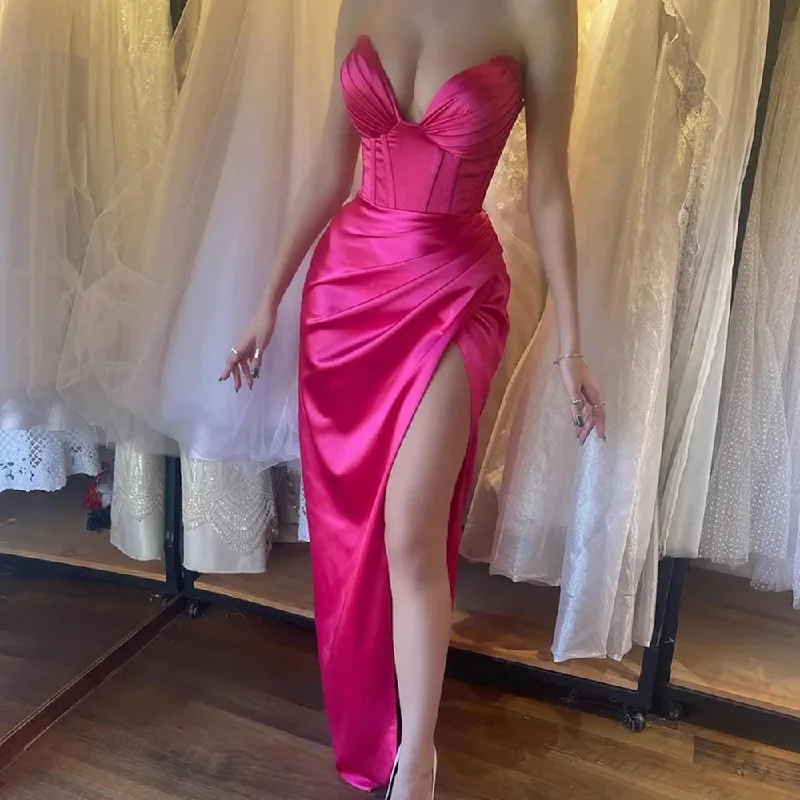 A-line dressFuchsia Charming Evening Gowns Exposed Boning Split Women Formal Prom Party Gowns Satin Met Gala Night Maxi Outfits