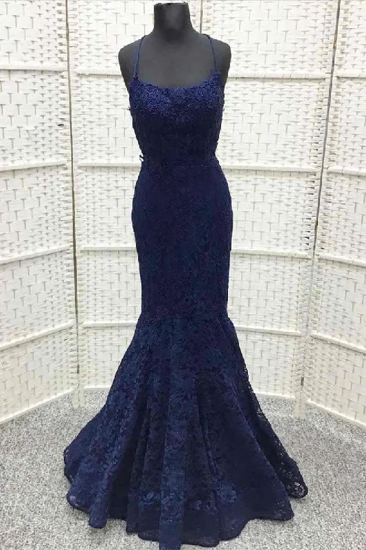 chic slip dressNavy Blue Lace Embroidered Lace-Up Trumpet Long Prom Dress Y6765