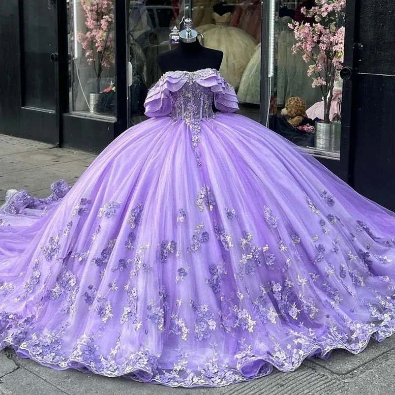 shift dressSaudi Arabic Princess Lilac Quinceanera Dresses 2024 Flowers Sweet 16 Dress Ball Gown Part Prom Wear Lace Up vestidos de 15 14