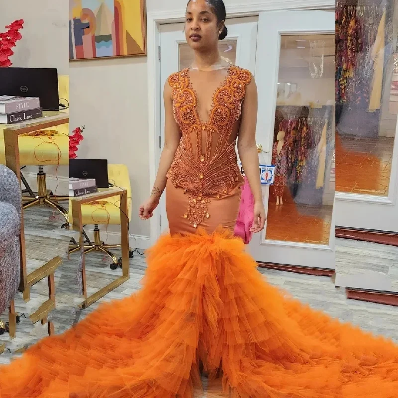 sleek dressHigh Slit Orange Long Prom Dress for Black Girls Beaded Rhinestones Ruffles Women Party Gala Gown