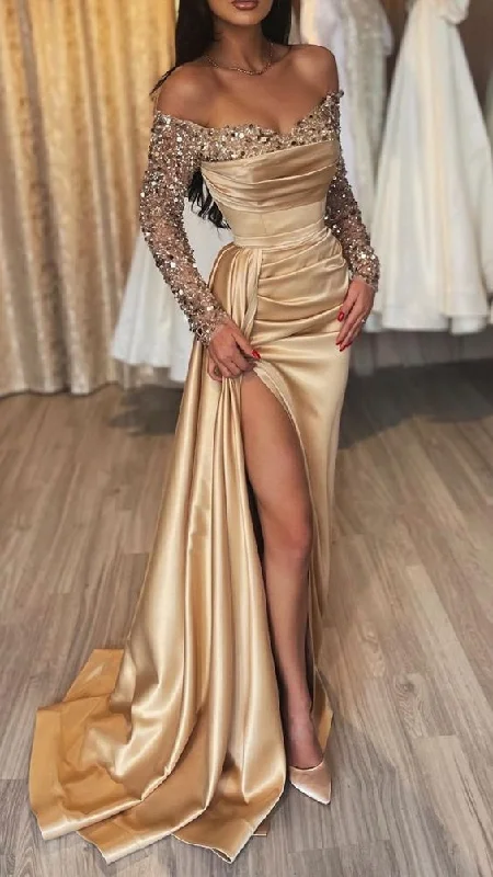 oversized dressGlitter Sequin Embellished With Train And High Slit Formal Evening Party Prom Dress Y6940