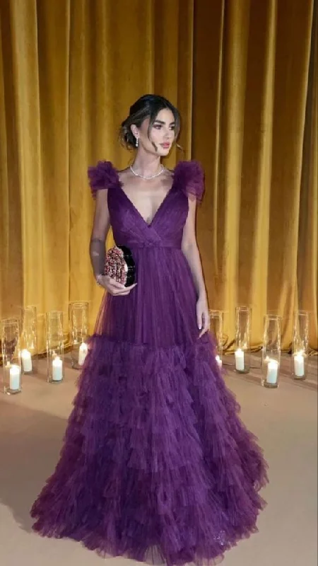 draped dressElegant Purple A-line V Neck Tulle Evening Dress Y5633