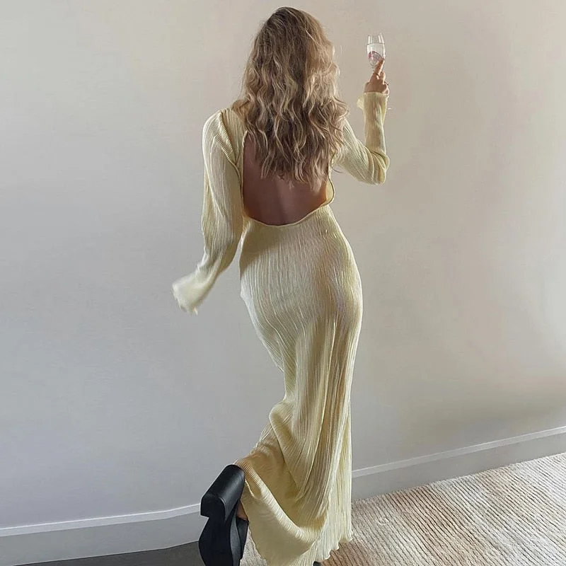 evening dressBerriesJam - 2024 Pleated Backless Long Sleeve Evening Maxi Dress