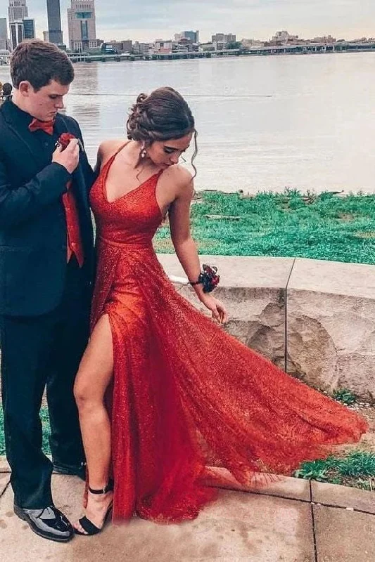 relaxed fit dressSparkly V Neck A-Line Red Long Prom Dress with Slit