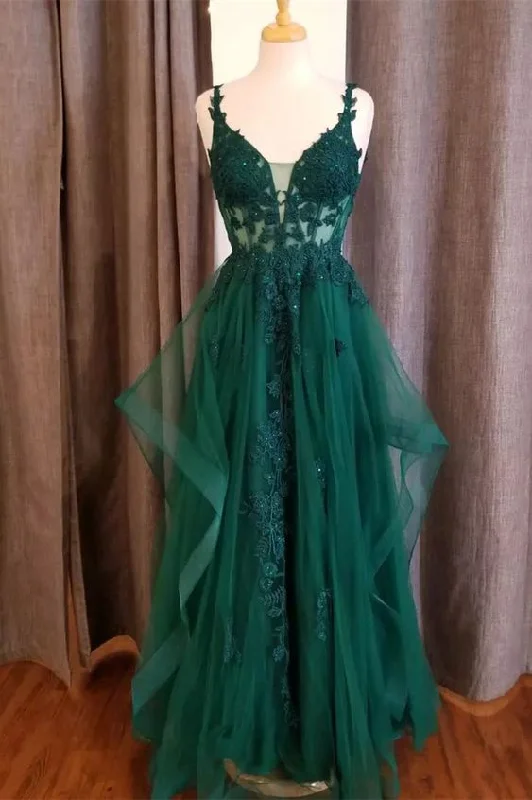 textured dressHunter Green Flower Straps Deep V Neck Appliques Ruffles Long Prom Dress Y6810