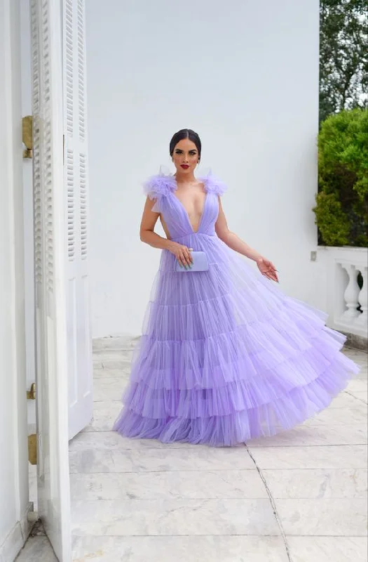 casual dressLavender Deep V Neck Tulle Prom Dress,Lavender Evening Dress Y6185