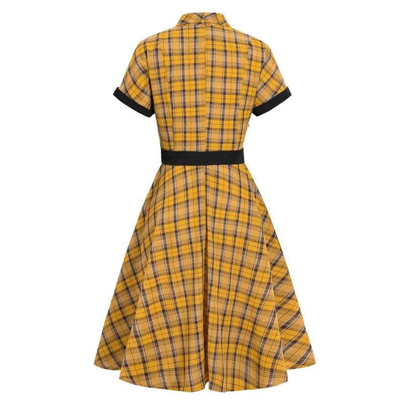 velvet dressBerriesJam - 2024 Plaid Button Up High Waist Belted A Line Elegant Dress