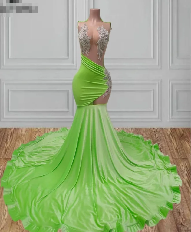 ashionable dressIllusion Fluorescent Green Beaded Applique Mermaid Prom Dresses For Black Girl Gorgeous Luxury Evening Dress Wedding Party Gown