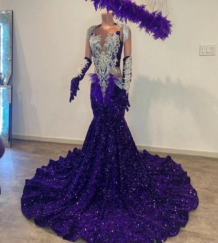 layered dressEnigmatic Purple Velvet Sequin Mermaid Long Prom Dress Silver Tassels Crystal Christmas Dress Black Girls Wedding Party Gown