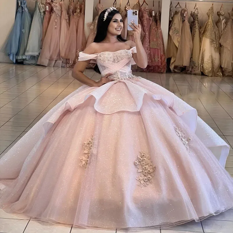 formal dressEleagnt Pink Quinceanera Dress 2024 Glitter Mexican Vestido De 15 Anos Applique Beading Sweet 16 Birthday Party Dress Pageant